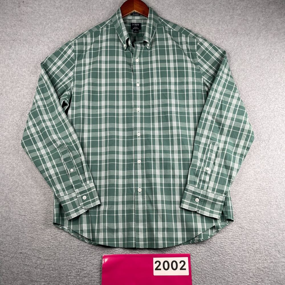 J Crew Flex Washed Classic Shirt Green Plaid Casual Button Up Long Sleeve Mens L